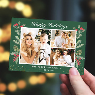 3 Photo Glad helg Holly Berries jul Julkort
