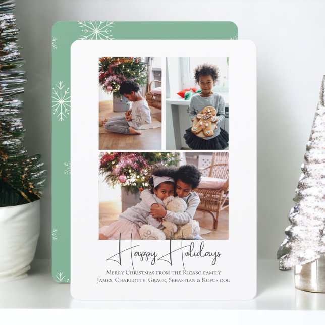 3 Photo Glad helg-jul Julkort (3 Photo Happy Holidays Christmas Holiday Cards from Ricaso. Snowflake green and white pattern )