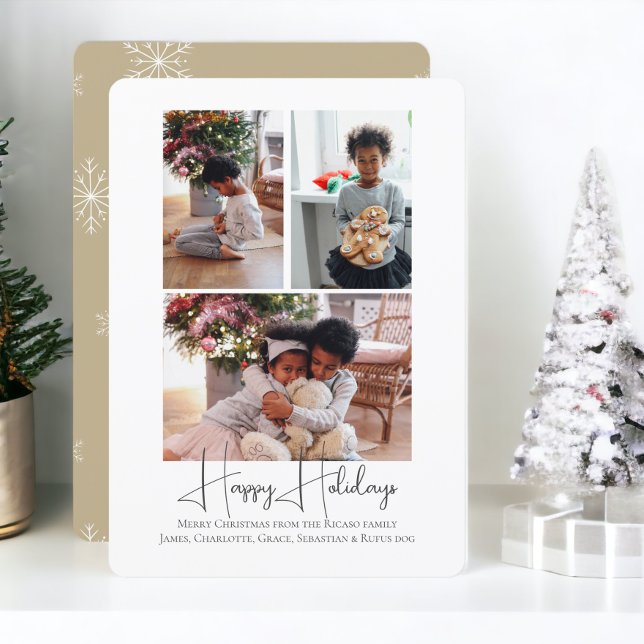 3 Photo Glad helg-jul Julkort (3 Photo Happy Holidays Christmas Holiday Cards from Ricaso. Snowflake beige and white pattern )