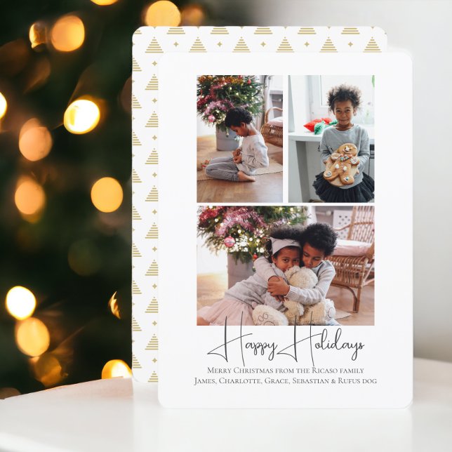 3 Photo Glad helg-jul Julkort (3 Photo Happy Holidays Christmas Holiday Card from Ricaso. With gold Christmas tree pattern on back)