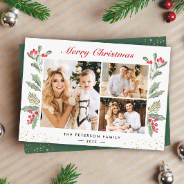 3 Photo God jul Holly Berry Guld Confetti Julkort