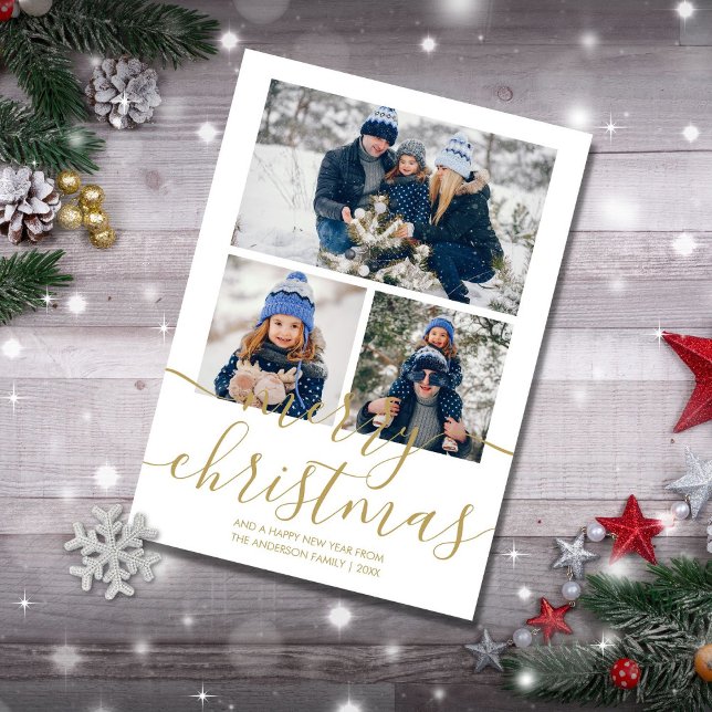 3 Photo Guld Script God jul Helgdag-kort Julkort (Skapare uppladdad)