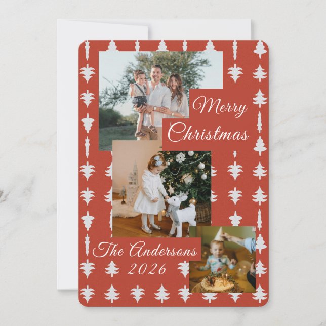 3 Photo Holiday Red + White Christmas Tree  Julkort (Framsida)