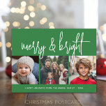 3 Photo jul Collage - Merry & Bright grönt - Helg Vykort<br><div class="desc">FRONT DESIGN: 3 fyrkantiga foton och ett stort skriptteckensnitt är högdagrar av det här trendiget. Ett modernt sätt att söka efter ett helgdag-fotokort med stort "merry and bright" i en funky, handskrivet skript i grönt och vitt. För avancerade användare kan du gå till designområdet och ändra färg. Bakgrunden är en...</div>