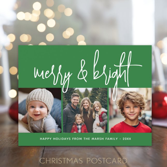 3 Photo jul Collage - Merry & Bright grönt - Helg Vykort (Holiday Postcard with 3 Photos)