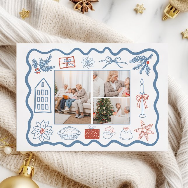 3 Photo jul Doodle Line Art Helgdag Julkort (Skapare uppladdad)