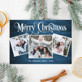 3 PHOTO-jul Rustic Blue Wood Hälsning Julkort