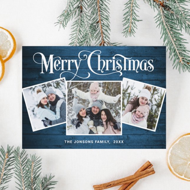 3 PHOTO-jul Rustic Blue Wood Hälsning Julkort (Skapare uppladdad)