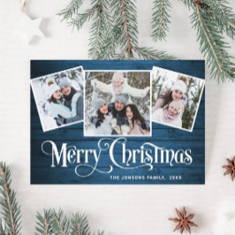 3 PHOTO-jul Rustic Blue Wood Hälsning Julkort