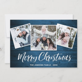 3 PHOTO-jul Rustic Blue Wood Hälsning Julkort