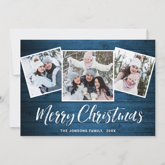 3 PHOTO-jul Rustic Blue Wood Hälsning Julkort (Framsida)