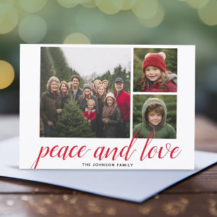 3 Photo jul Script Red Damask Peace Kärlek Julkort