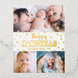 3 Photo Lycklig Hanukkah Modern Whimsical Real Gul<br><div class="desc">"Lycklig Hanukkah." Roligt, lekfull, vismisk, handskapad äkta guld-folie, typografi och en slumpmässig stjärna av David mönster övertäcker en ren, vit bakgrund. Lägg till tre foton som du kan välja för att hjälpa vaktmästaren i Hanukkah med det här fantastiska, färgstarka, riktiga personlig-vykortet guld hälsning. Din anteckning om anpassningsbarna, skriven eller handskriven,...</div>