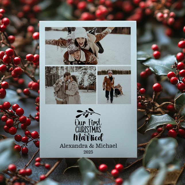 3 Photo Minimialist Our First Christmas Married Julkort (Skapare uppladdad)