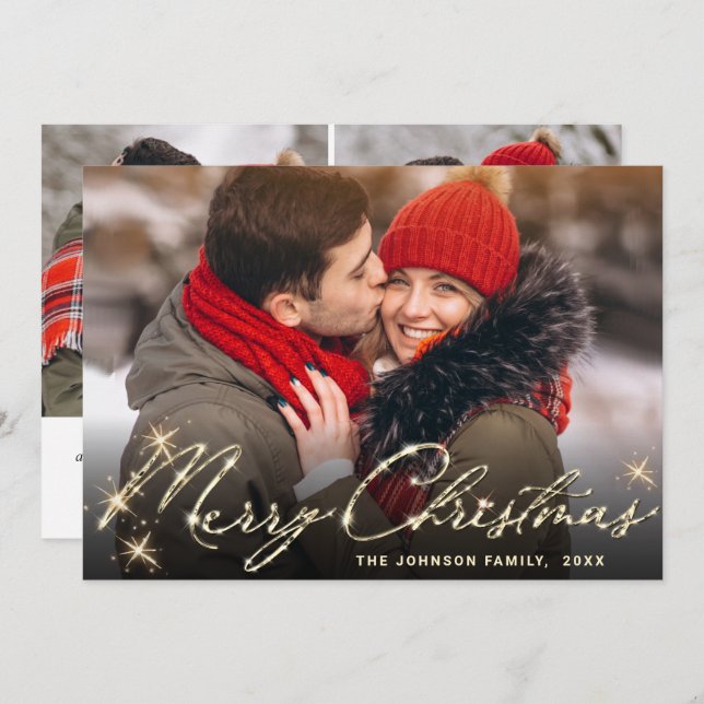 3 PHOTO Modern gyllene jul Hälsning Julkort (Fram/baksida)