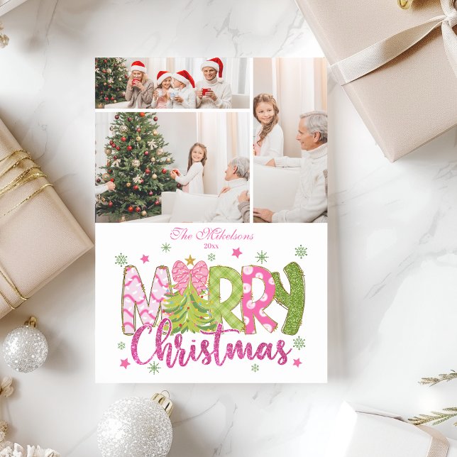 3 Photo Pink Green Bow Tree Merry Christmas Julkort (Skapare uppladdad)