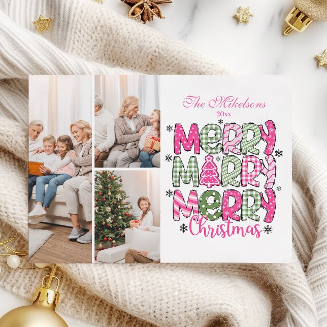 3 Photo Pink Green Merry Christmas Holiday Julkort (Skapare uppladdad)