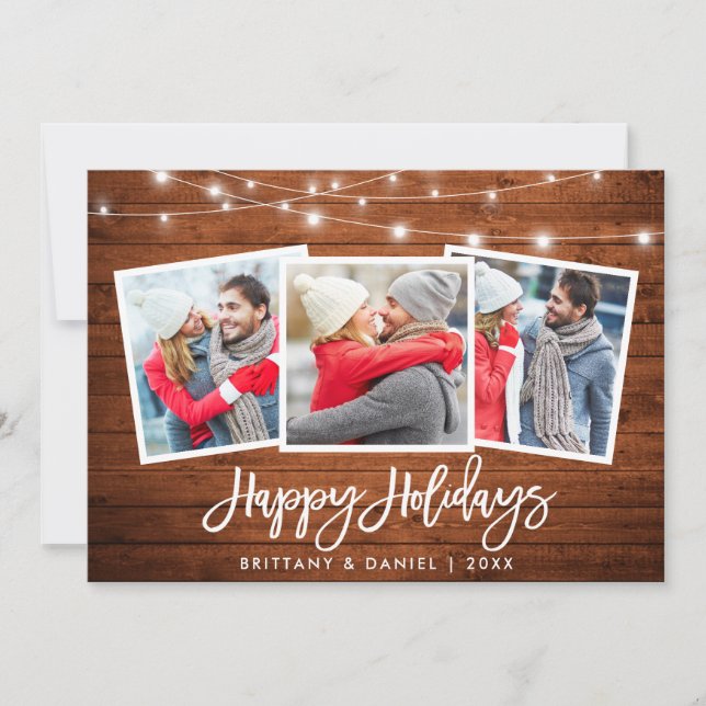 3 Photo Push Script Rustic Wood Ljus Julkort (Framsida)