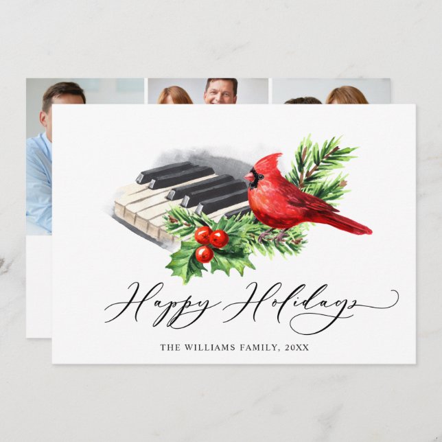 3 PHOTO Red Cardinal Holly Berry jul Julkort (Fram/baksida)