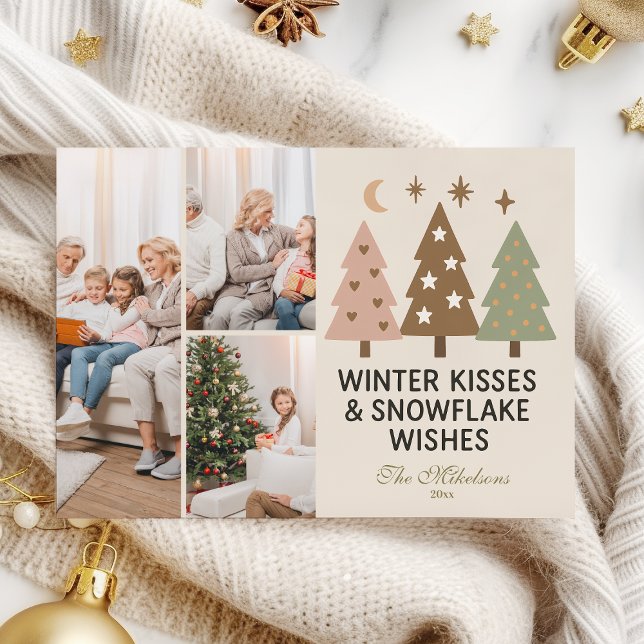 3 Photo Retro Winter Kisses & Snowflake Wishes Julkort (Skapare uppladdad)