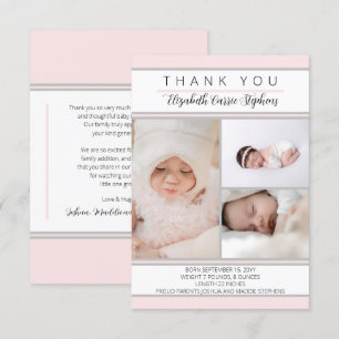 3 Photo Rosa White Baby Shower  Födelsemeddelande Tack Kort
