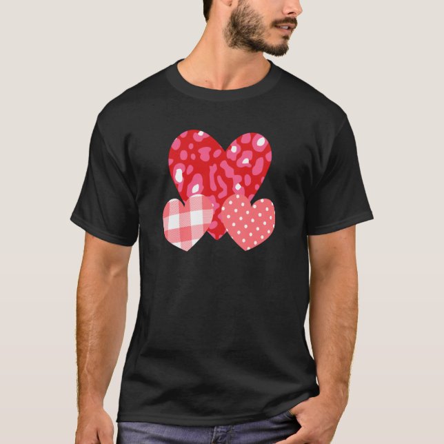 3 Pink Hearts Love Leopard Plaid Polka Dots Valent T Shirt (Framsida)