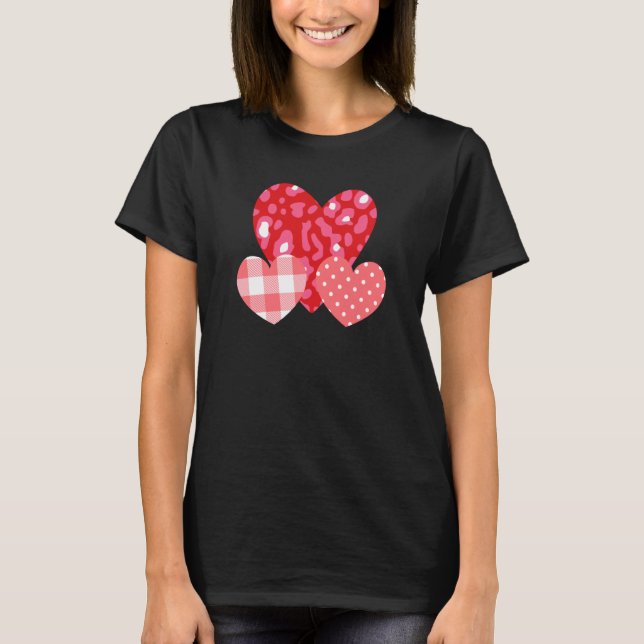 3 Pink Hearts Love Leopard Plaid Polka Dots Valent T Shirt (Framsida)