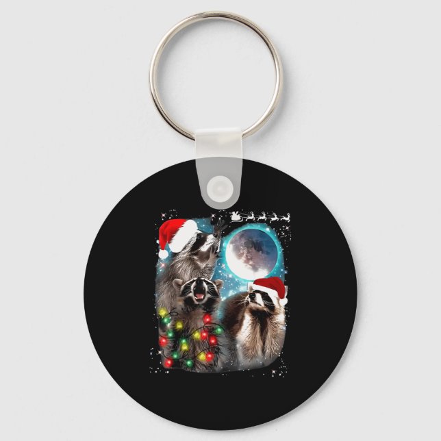 3 Racoon Moon Howling Raccoon Christmas Santa Raco Nyckelring (Framsida)