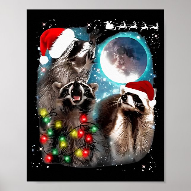 3 Racoon Moon Howling Raccoon Christmas Santa Raco Poster (Framsidan)
