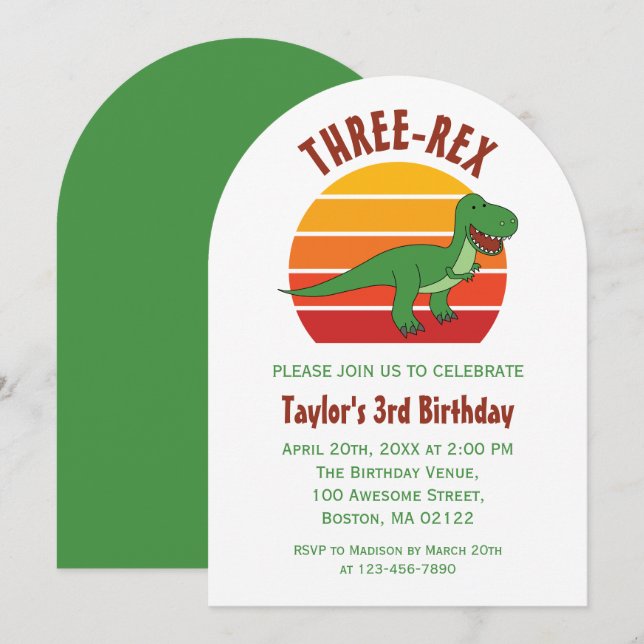3 Rex Dinosaur Roligt Kön Neutral 3: e födelsedage Inbjudningar (Fram/baksida)