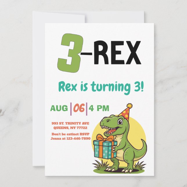 3-Rex Dinosaur söt 3-Rex-födelsedag Inbjudningar (Framsida)
