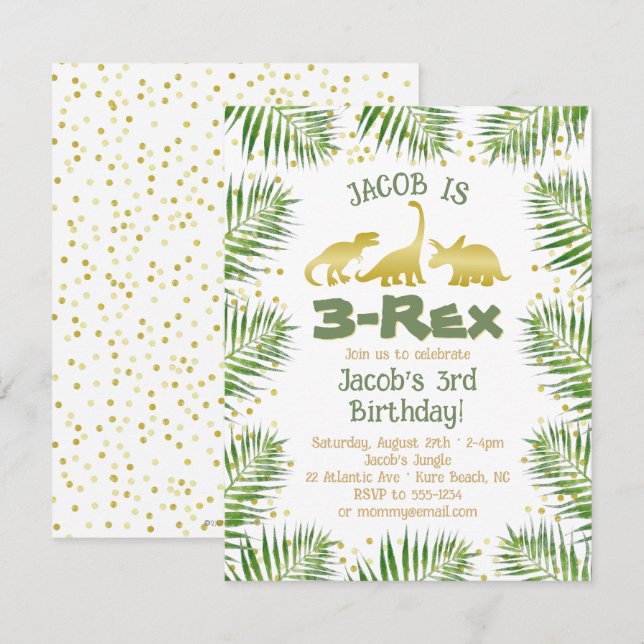 3 Rex Dinosaur Tropical Greenery Boy 3rd Birthday Inbjudningar (Fram/baksida)