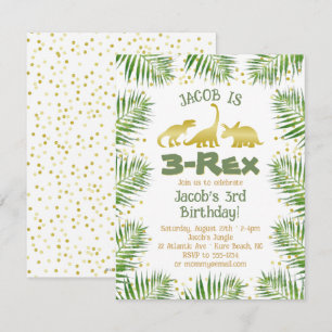 3 Rex Dinosaur Tropical Greenery Boy 3rd Birthday Inbjudningar