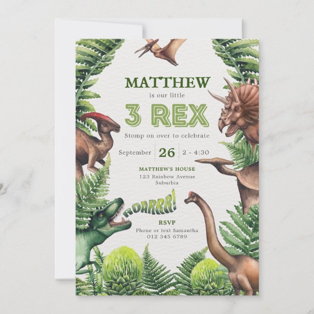 3-Rex Watercolor T-Rex & Dinosaurs Kids' Birthday Inbjudningar (Framsida)
