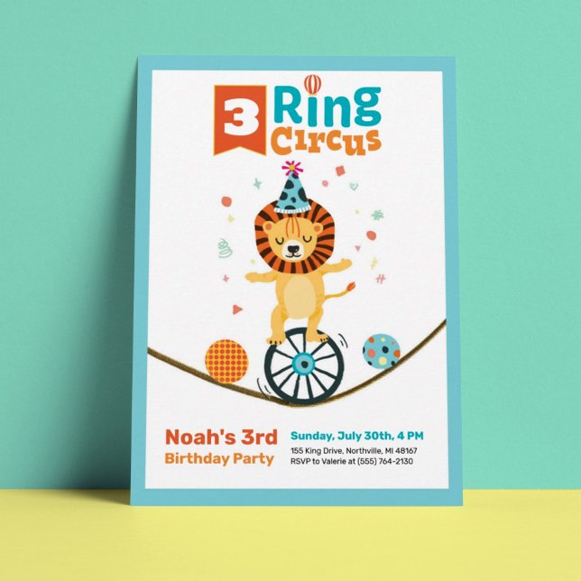 3-Ring Circus Animal Lejon 3:e födelsedagen Inbjud Inbjudningar (Skapare uppladdad)