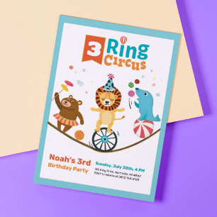 3-Ring Circus Animals Kids Tredje födelsedagen Inb Inbjudningar