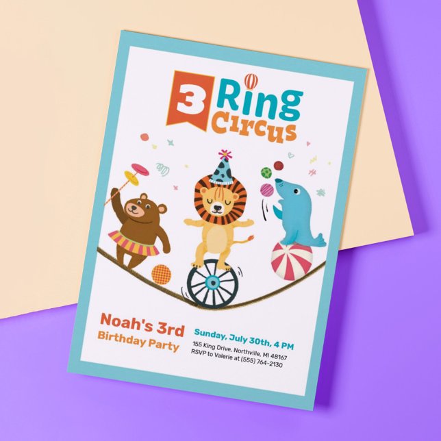 3-Ring Circus Animals Kids Tredje födelsedagen Inb Inbjudningar (Skapare uppladdad)