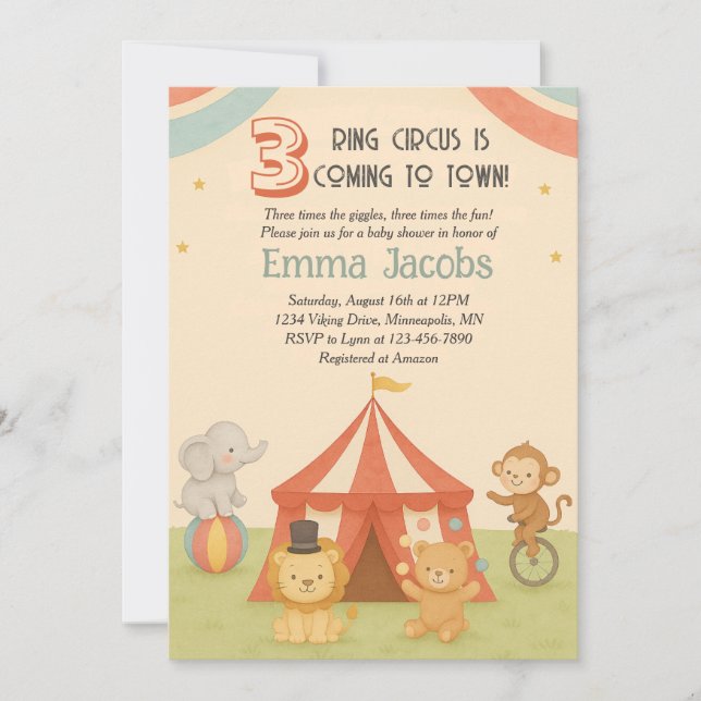 3 Ring Circus Triplet Baby Shower Invitation Inbjudningar (Framsida)