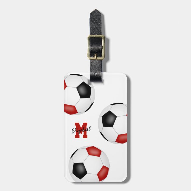 3 röda svarta fotbollar i monogrammet bagagebricka (Vertikal Framsida)