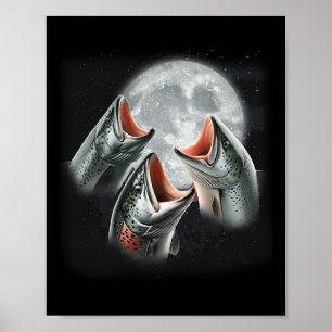 3 Salmon Fish Howling vid Måne-fonen Salmon Fis Poster