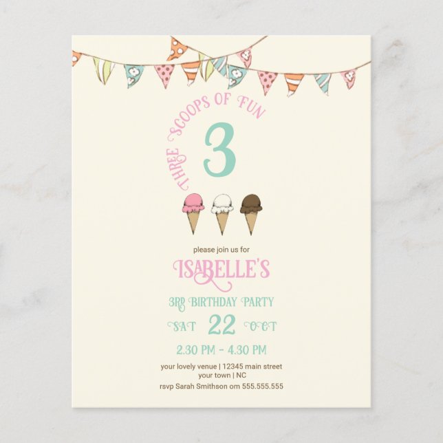 3 Scoops Roligt 3rd Birthday Ice Cream Party (Framsida)