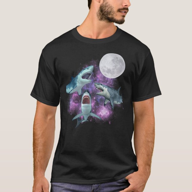 3 Sharks Moon Howling Wolf Parody 3 Great White Sh T Shirt (Framsida)
