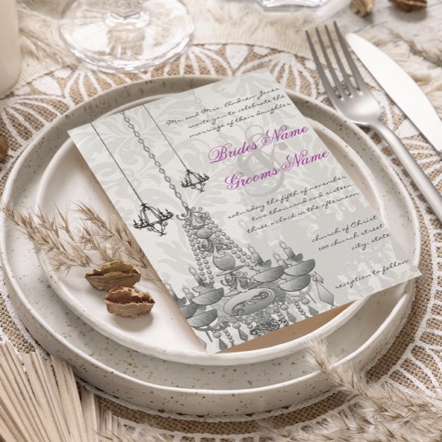 3 Silver & Black Chandeliers Damask Wedding Inbjud Inbjudningar (Skapare uppladdad)