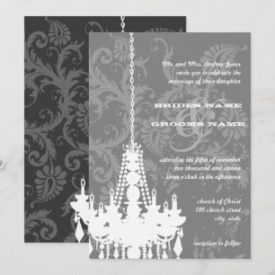 3 Silver & Grått Chandeliers Damask Wedding Inbjud Inbjudningar