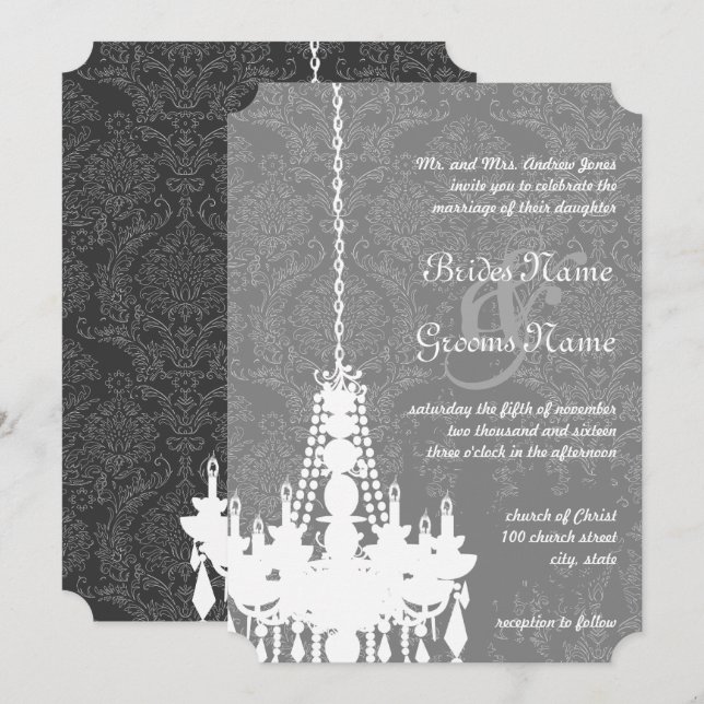 3 Silver & Grått Chandeliers Damask Wedding Inbjud Inbjudningar (Fram/baksida)