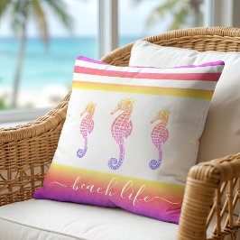 3 sjöhästar rosa lila ombre strandliv skrift kudde