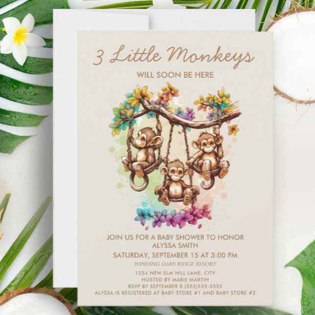 3 små apor Triplet Baby Shower Inbjudningar (Skapare uppladdad)