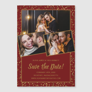 3 Spara datum för Photo Burgundy Red Guld Magnetisk Inbjudningskort
