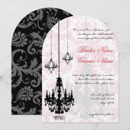 3 Svart chandeliers Shadow Rosa Damask bröllop Inbjudningar