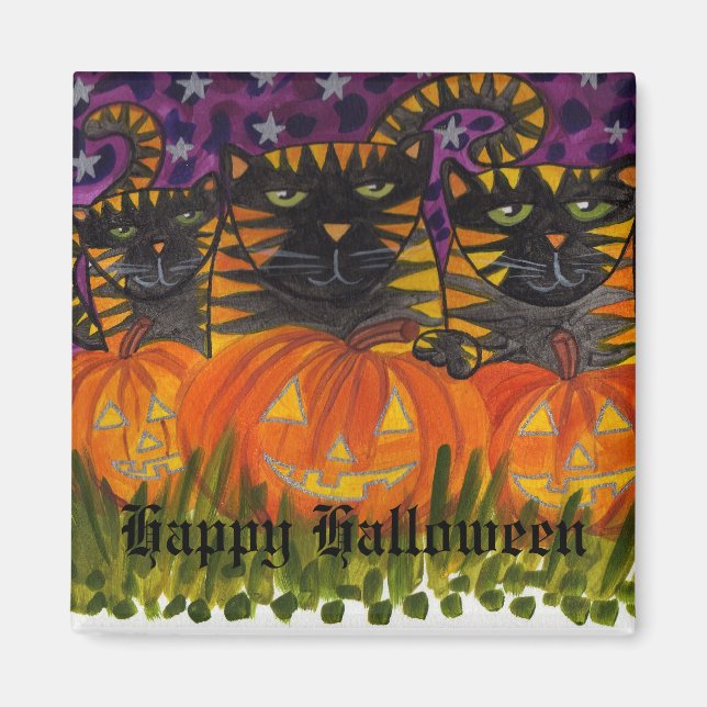 3 svarta katter och deras pumpor Happy halloween! Magnet (Framsidan)